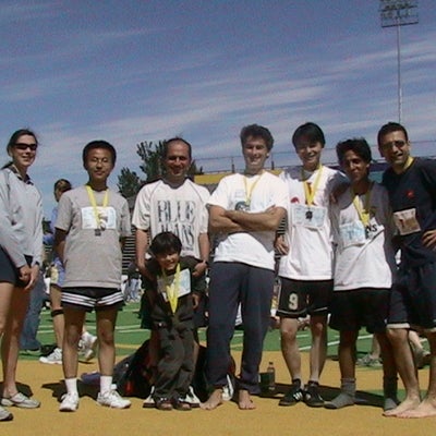 June 2004: 2nd place in the corporate team competition of the Waterloo Classic 10 K race. From left to right: Katja, Ping, Shahab (with son), Holger, Jackie, Jalil, Navid.  
