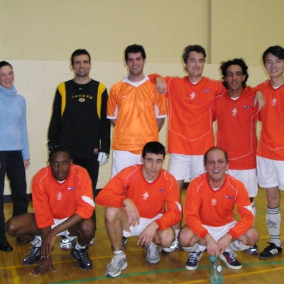 February 2005: soccer team. Standing, from left to right: Katja, Navid, Jon, Holger, Jalil, Jackie. Sitting, from left to right: Jean Paul, guest, Shahab.