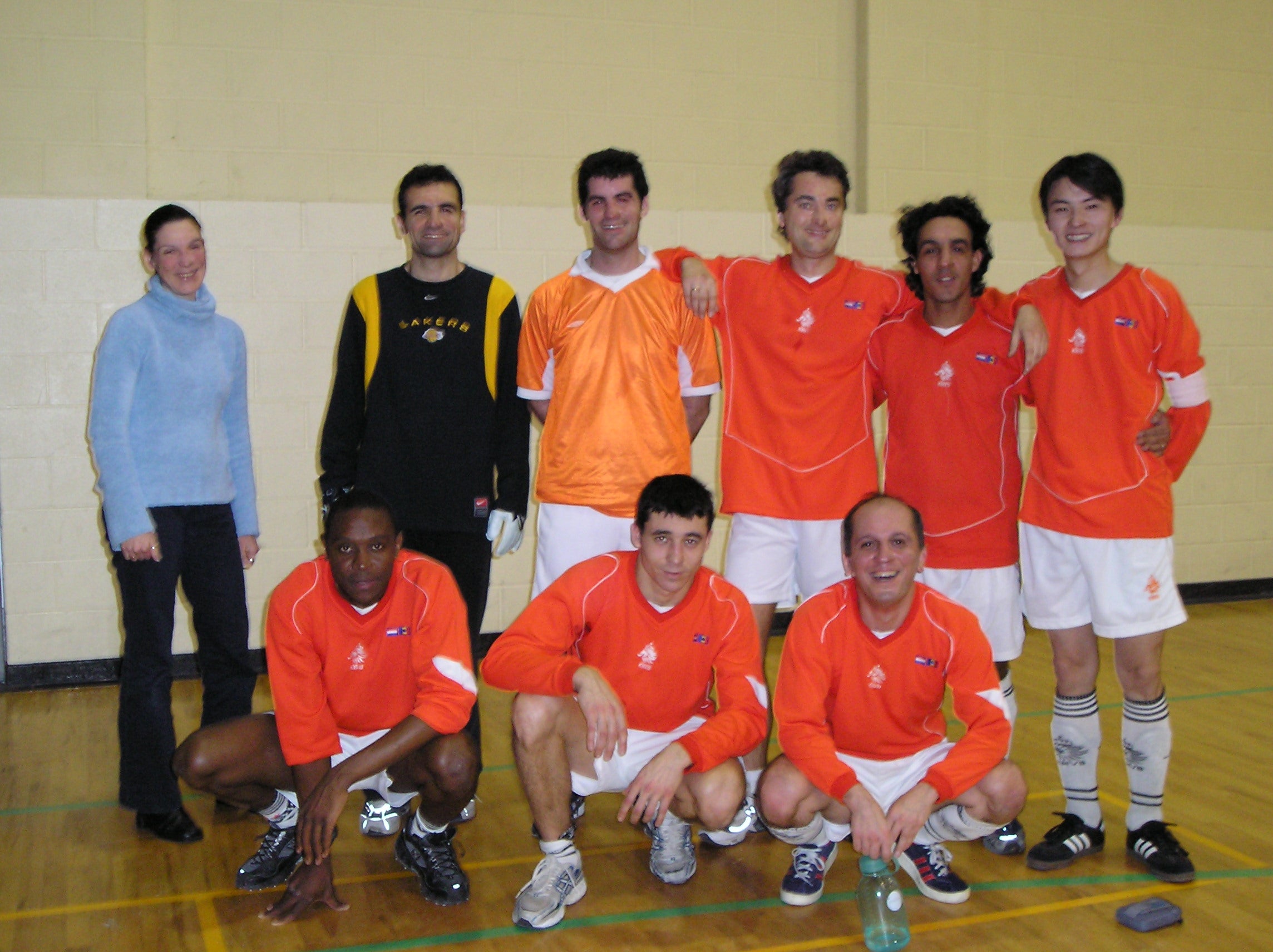 February 2005: soccer team. Standing, from left to right: Katja, Navid, Jon, Holger, Jalil, Jackie. Sitting, from left to right: Jean Paul, guest, Shahab.