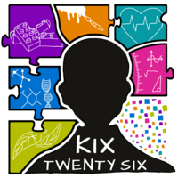 Puzzle pieces of different solid colours with a siloulette of a head in the middle. The words say KIX 26
