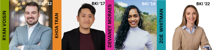 headshots of 4 KI alumni: Ryan Voisin, Khoa Tran, Devaney Moraes and Zoe Whitman