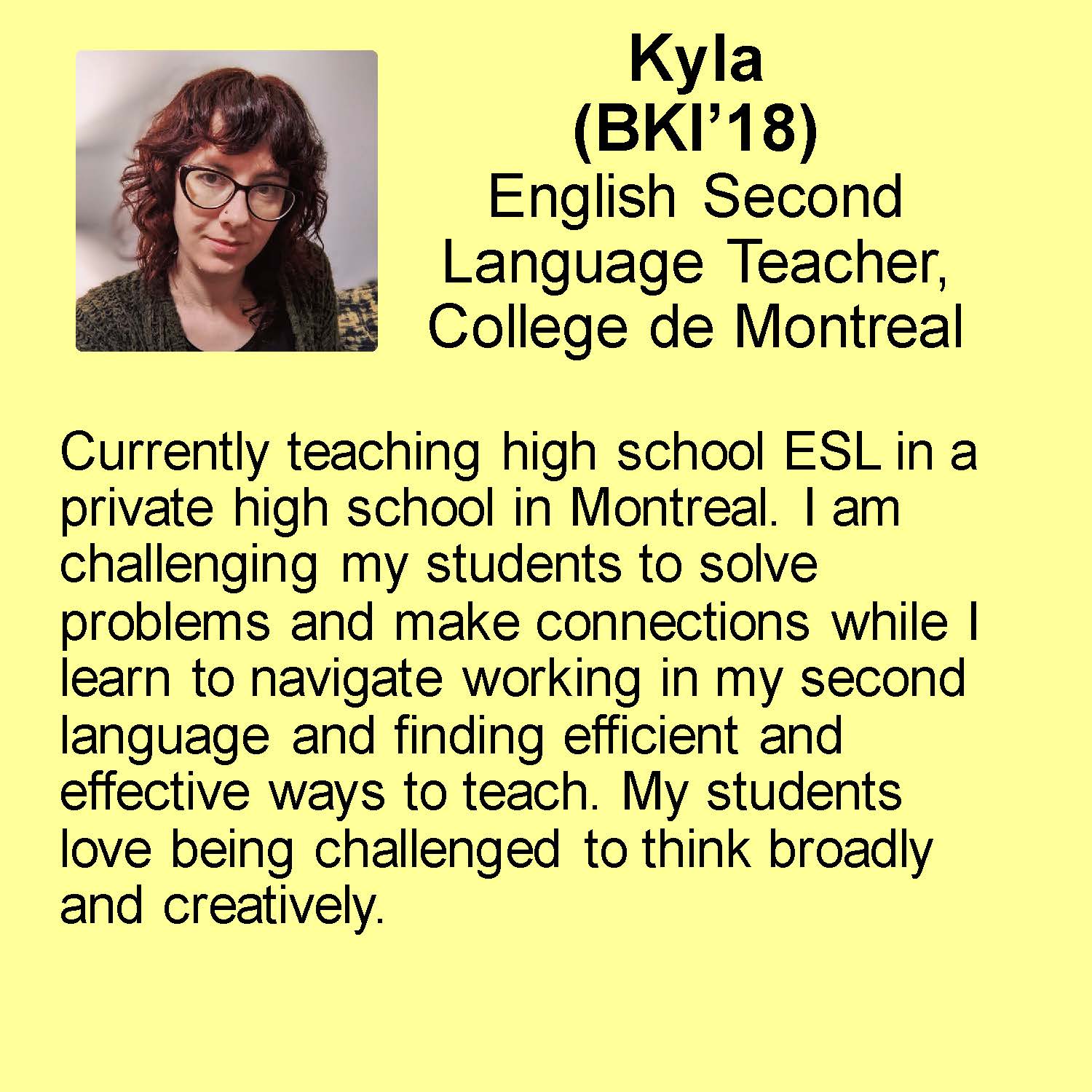 Kyla profile  English Second Language Teacher, College de Montreal
