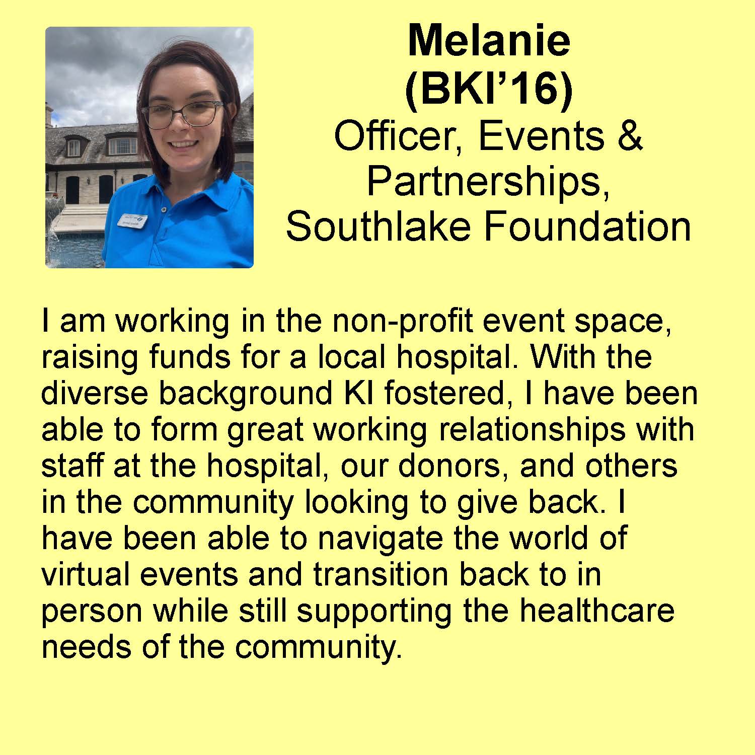 Melanie profie :Officer, Events & Partnerships, Southlake Foundation
