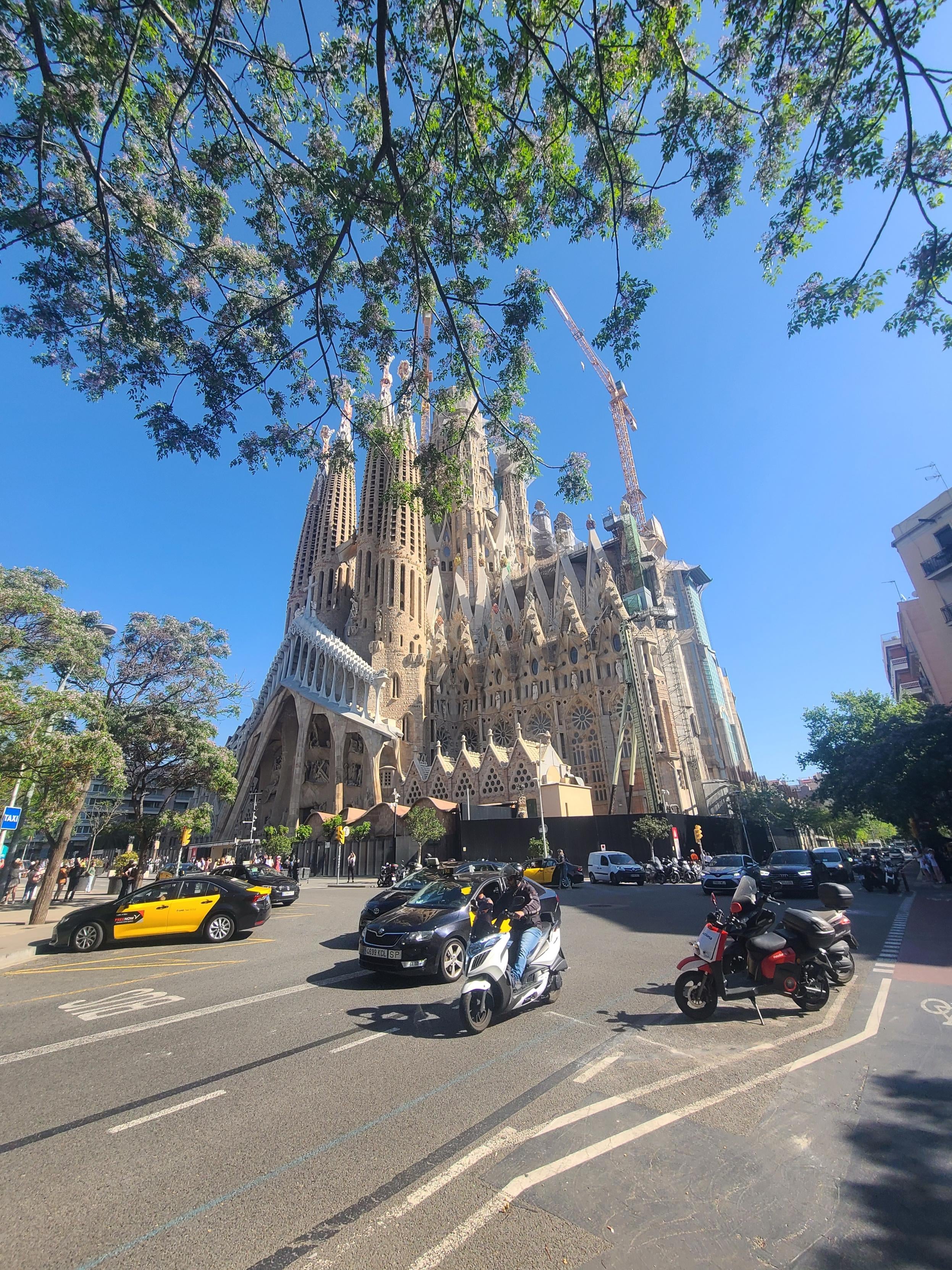 busy street with this beautifully unusual cathedral