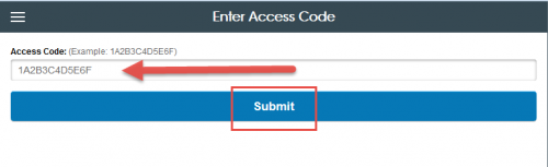 Screenshot of where to enter the access code.