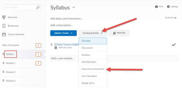 Screenshot highlighting the External Learning Tools link.