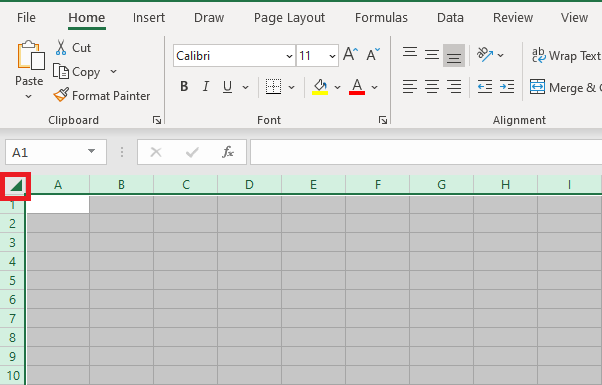 Image of the whole excel worksheet highlighted