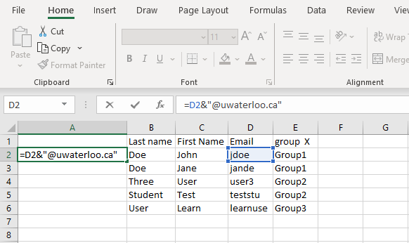 Image of excel spreadhseet with the formula to concatenate the users email with @uwaterloo.ca