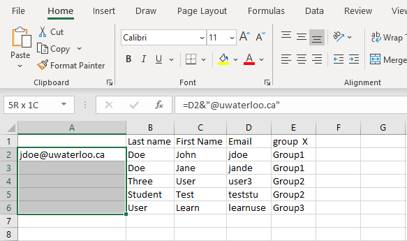 Image of Excel spreadsheet autopopulating emails 