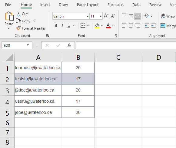 Image of users email in column A and raw scores in column B