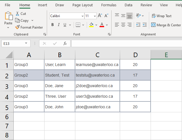 Image of data copied from PEAR pasted into Excel spreadsheet