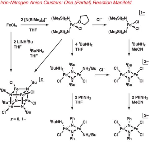 Skeletal structural formula of iron-nitrogen anion clusters: one (partial) reaction manifold