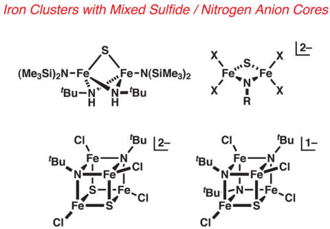 Skeletal structural formula of iron clusters with mixed sulfide / nitrogen anion cores