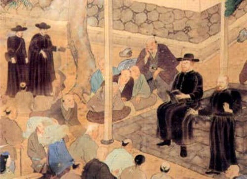 Les pères jésuites en parlant aux Japonais 