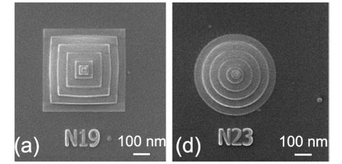 Scanning electron microscope images of square and circle surfaces on a scale of 100 nm.