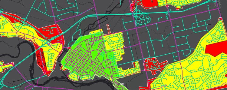 Map showing urban growth for 1955, 2011, and 2016