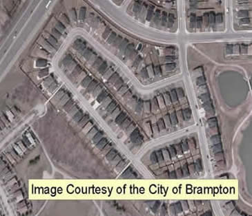 image shows houses, streets and storm ponds in Brampton