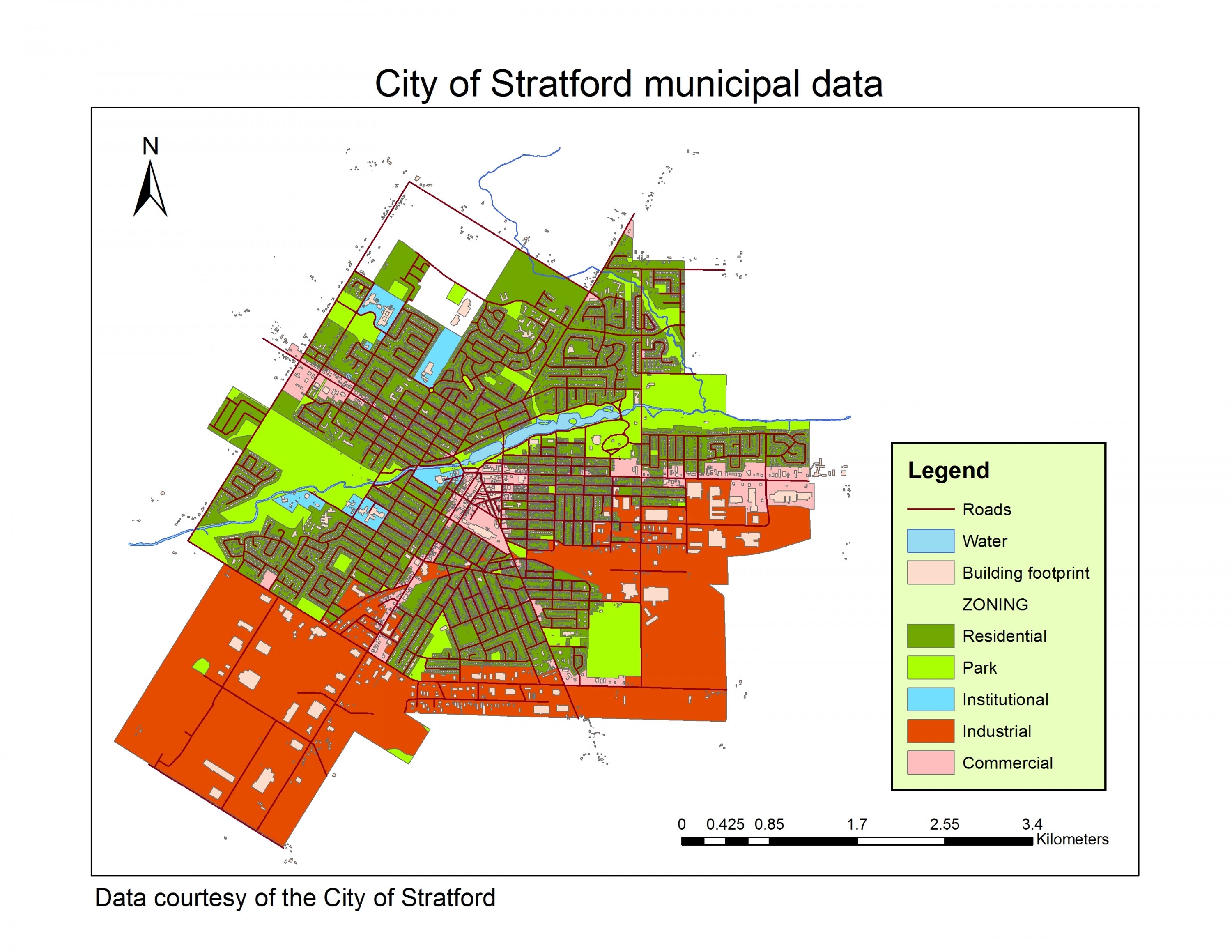 map of the City of Stratford shows zoning, building footprints, roads and water