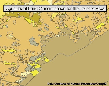 map shows agricultural land classification for the Toronto area