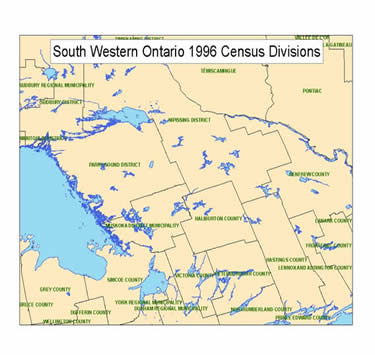 map shows 1996 census boundaries in southwestern Ontario