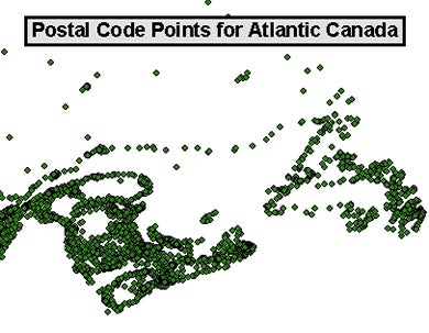 map shows postal code points for Atlantic Canada