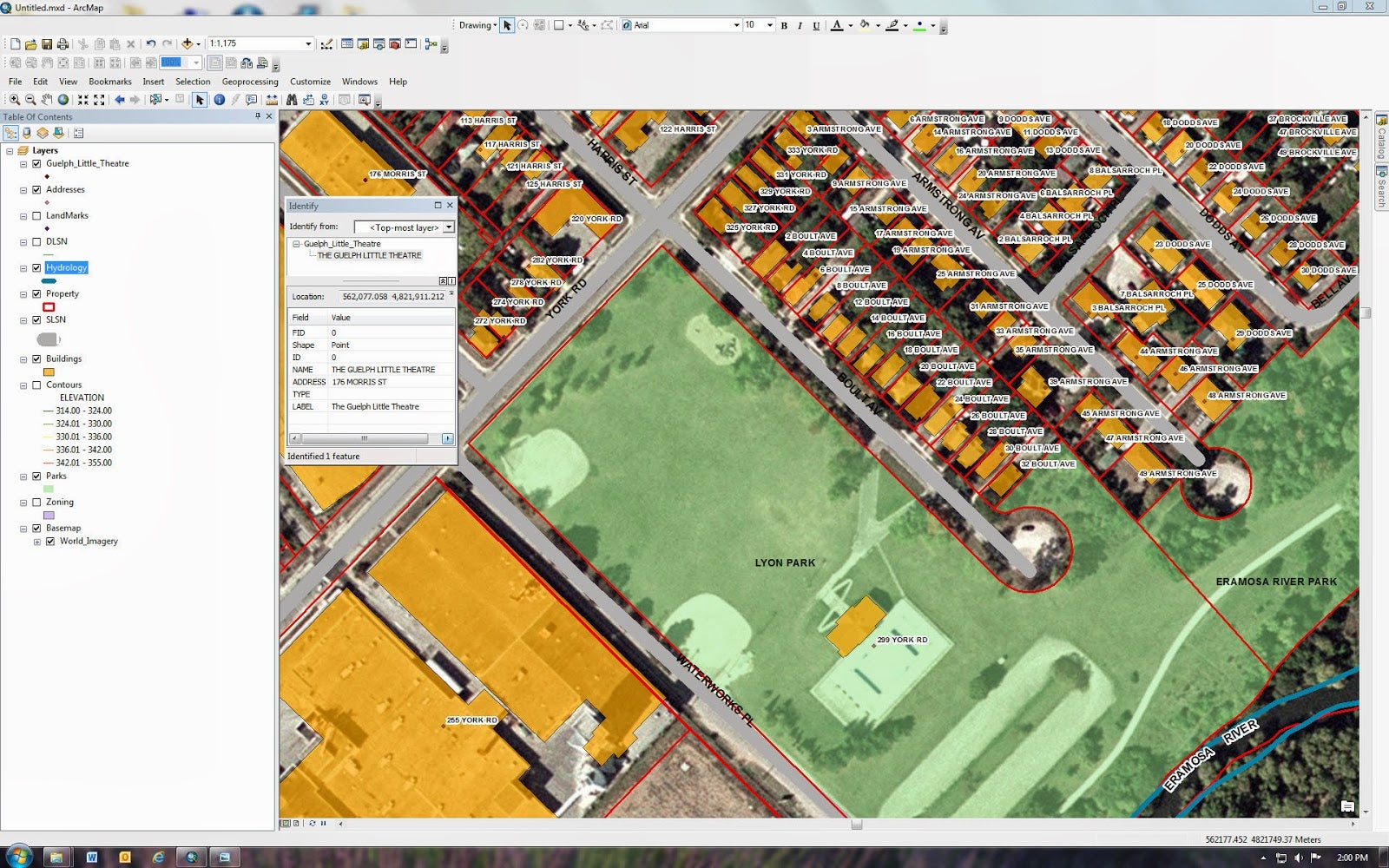 the City of Guelph image shows parks, building footprints and identify tool showing the Guelph LIttle Theatre showing