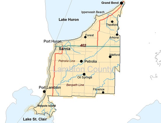 maps shows major centres within Lambton county 