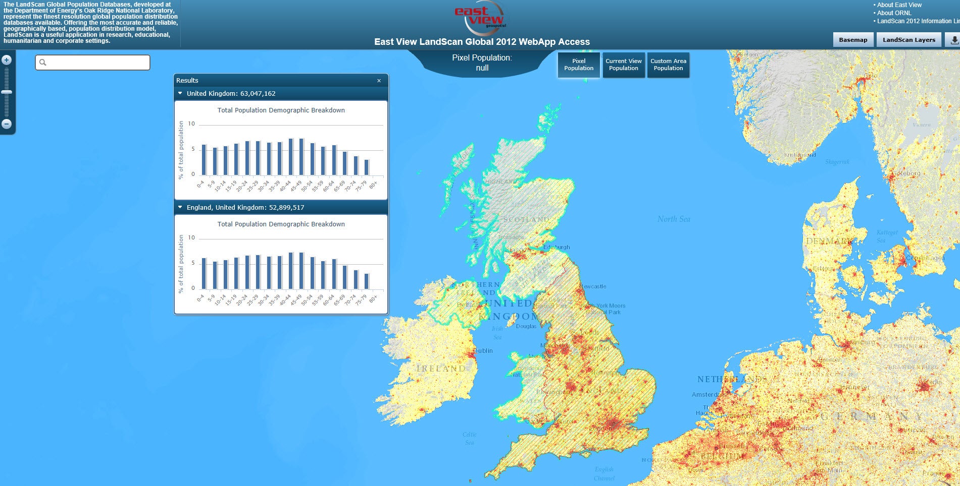 web mapping service (WMS) map shows population distribution within the United Kingdom