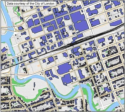 map of downtown london shows buildings, water, vegetation, streets and railway