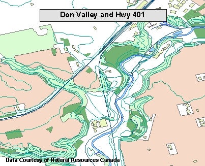 topographic map shows Don Valley and Highway 401, Toronto