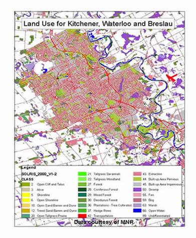 map shows land use cover for Kitchener, Waterloo and Breslau