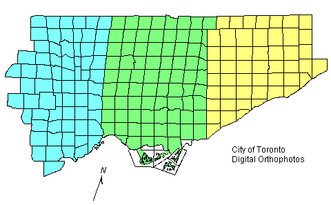Toronto map shows extent of east, west and central indexes for 1997 imagery
