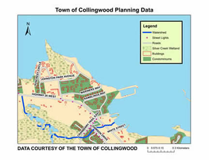 map of Collingwood shows buildings, watershed, street lights, roads, silver creek wetlands and condominiums