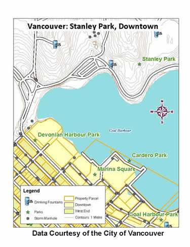 map shows part of Vancouver's Stanley Park and also part of downtown