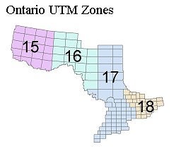 map shows the Universal Transverse Mercator (utm) zones within Ontario