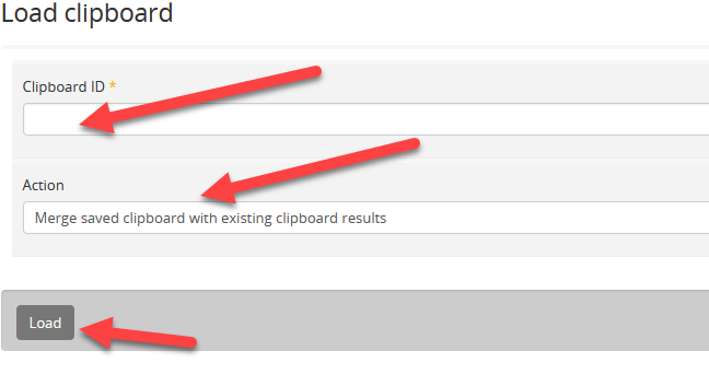 Load clipboard form with Clipboard ID and Action fields highlighted
