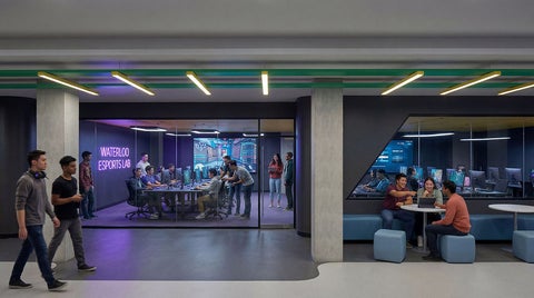 Modern office lobby with a glass-walled conference room