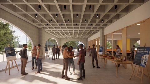 Sunlit, foyer with lattice ceiling; people stand and chat near display boards