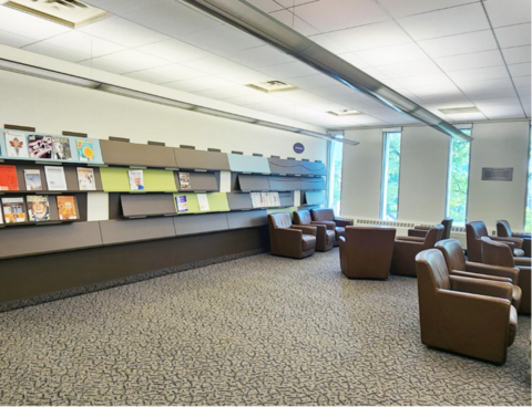 Quiet reading area with wall-mounted magazine racks, brown armchairs, and large windows letting in natural light.