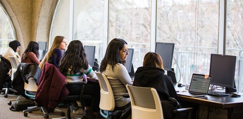 A group of seven people sitting at desks with computers, facing large windows with a view of trees outside.