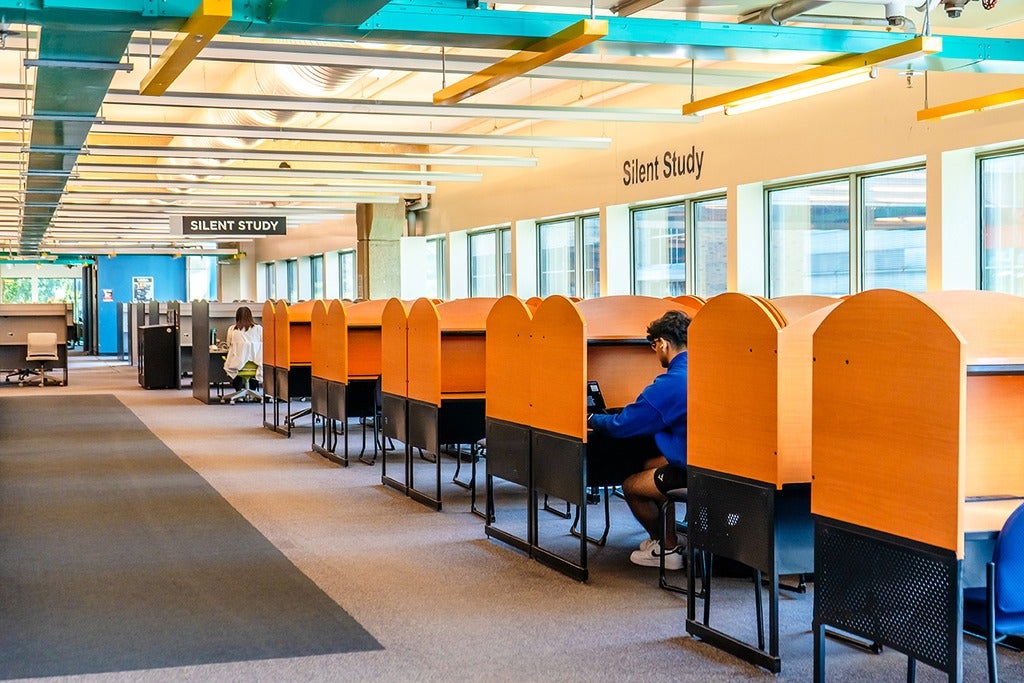 A study area with individual wooden study carrels, some occupied by students. The walls are marked "Silent Study," and large windows provide natural light.