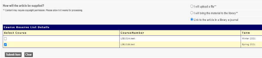 Screen capture of the Course Reserves article request form showing supply options and list of courses to add the article to.