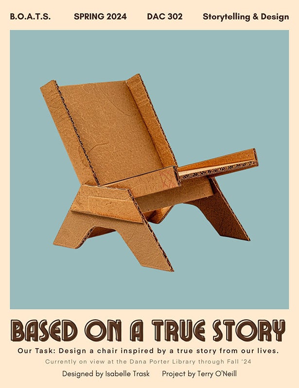 digital storytelling exhibit poster featuring a cardboard chair on a light blue background