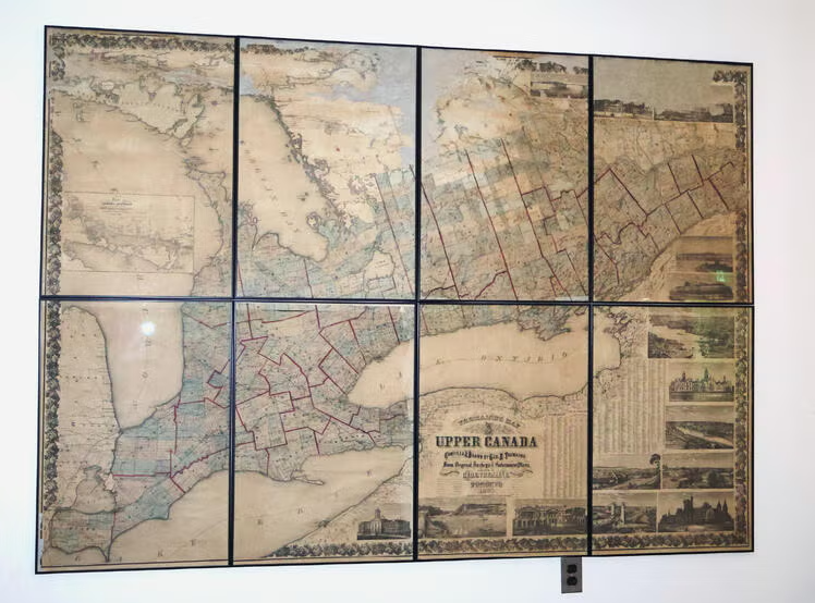 a historical map of Upper Canada, divided into nine sections, featuring coloured borders and red outlines of counties and towns.