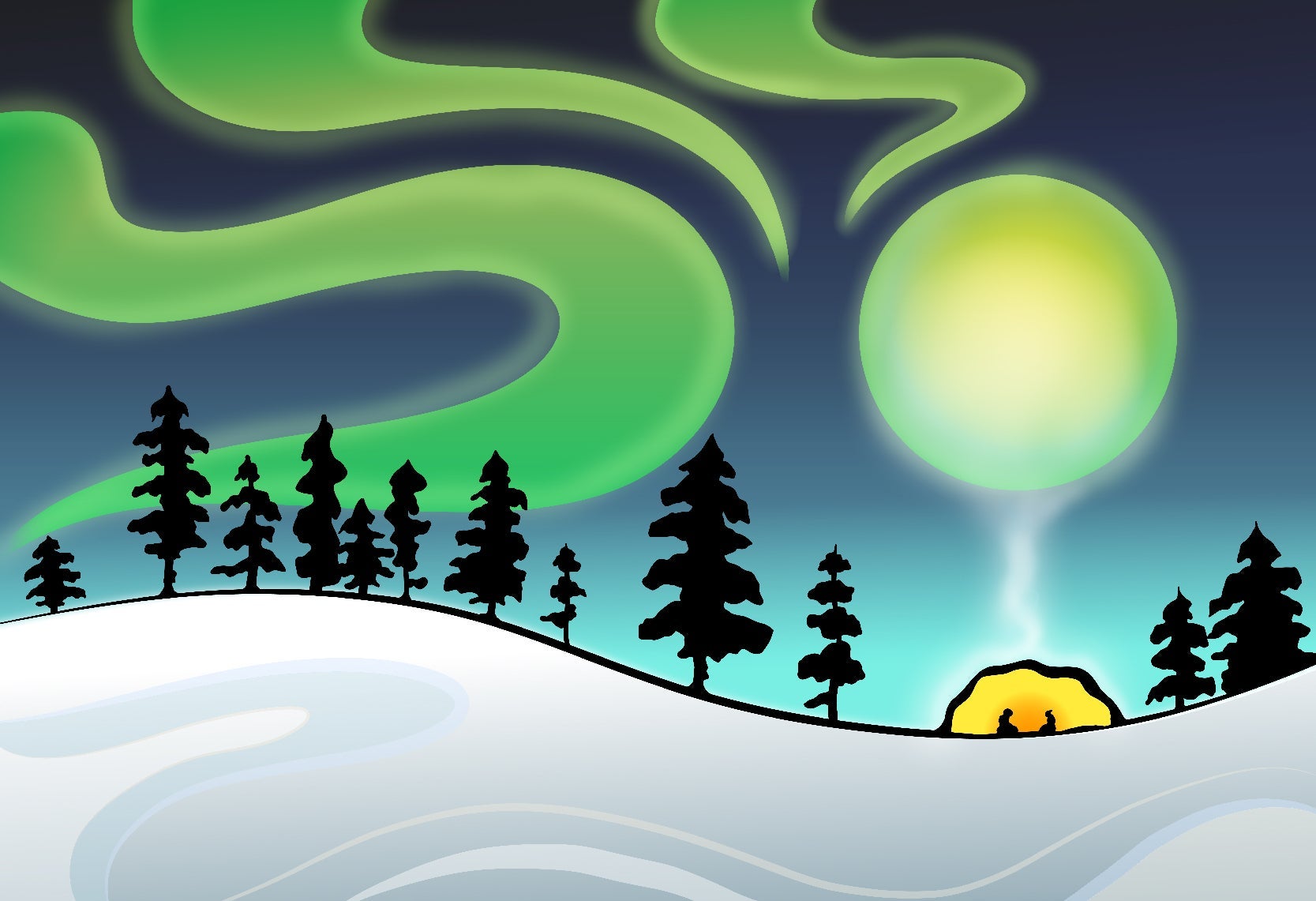 illustration of winter scenery at night with northern lights in the sky