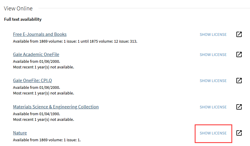 The View Online section of a catalogue record, listing all the full text links for the journal Nature. The Show License button is highlighted with a red box. 