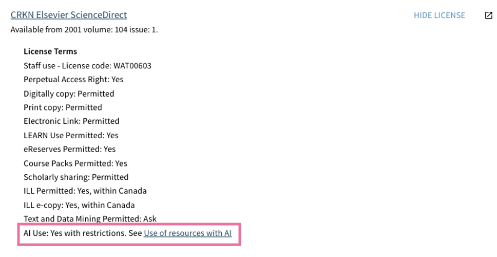 A screenshot of the Libraries' catalogue, Omni, displaying license usage rights. The AI Use rights section is highlighted by a red square. 