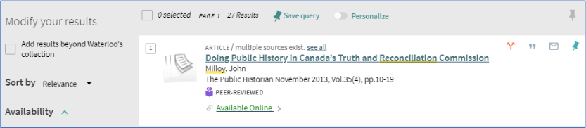 Screen capture of the library catalogue showing an e-journal article search result.