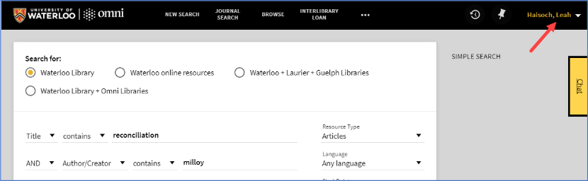 Screen capture of the library catalogue showing the user as logged in.