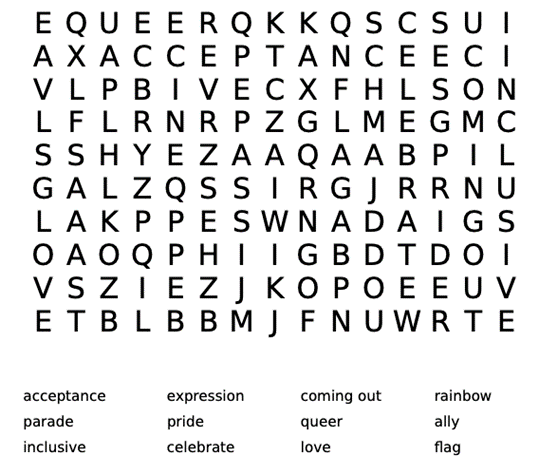 Pride word search puzzle